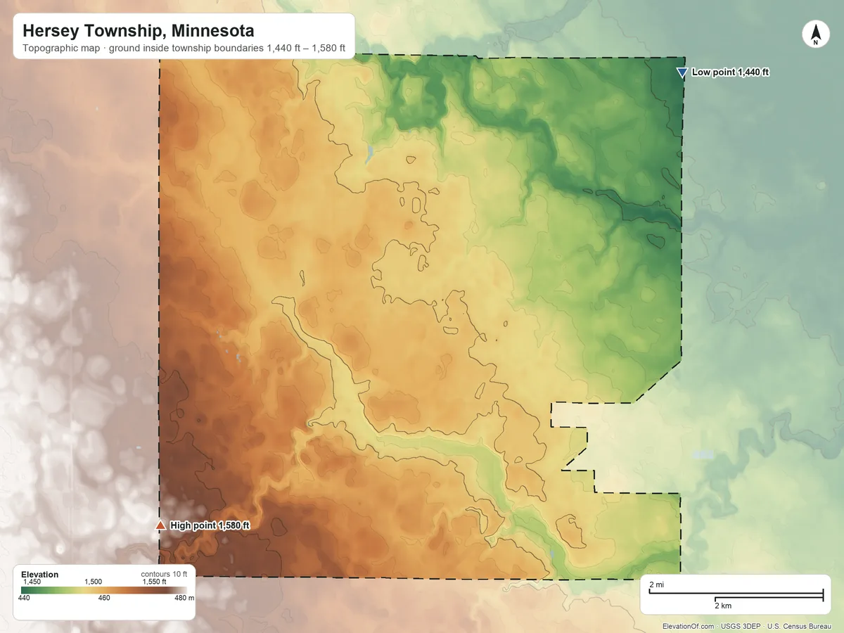 Topographic elevation map of Hersey Township, Minnesota, shaded from 1,440 ft on the northeast side to 1,580 ft on the southwest side