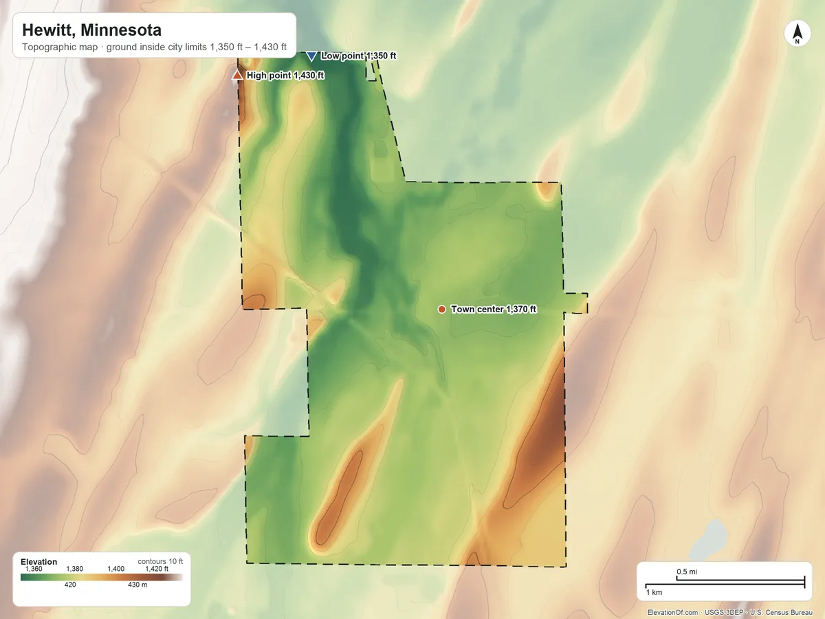 Topographic elevation map of Hewitt, Minnesota, shaded from 1,350 ft on the northwest side to 1,430 ft on the northwest side