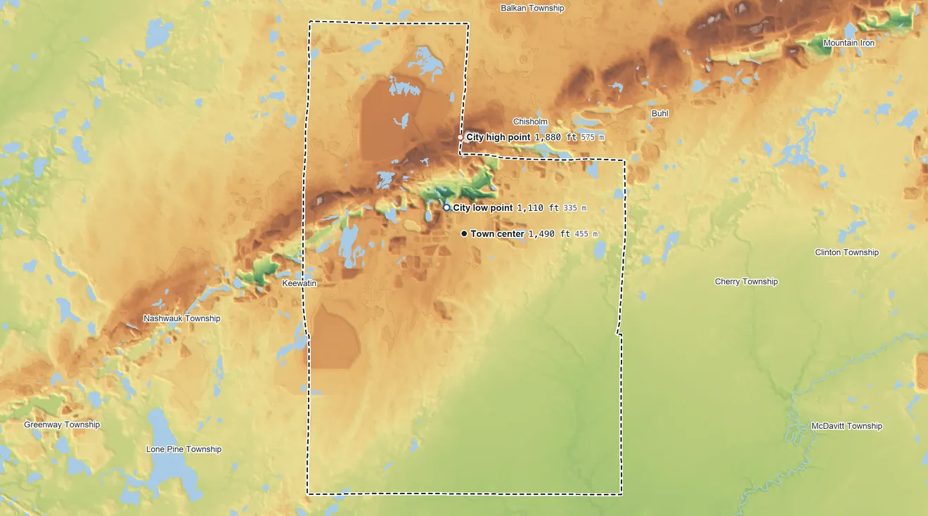 Topographic elevation map of Hibbing, Minnesota, shaded from 1,110 ft near the middle to 1,880 ft on the north side