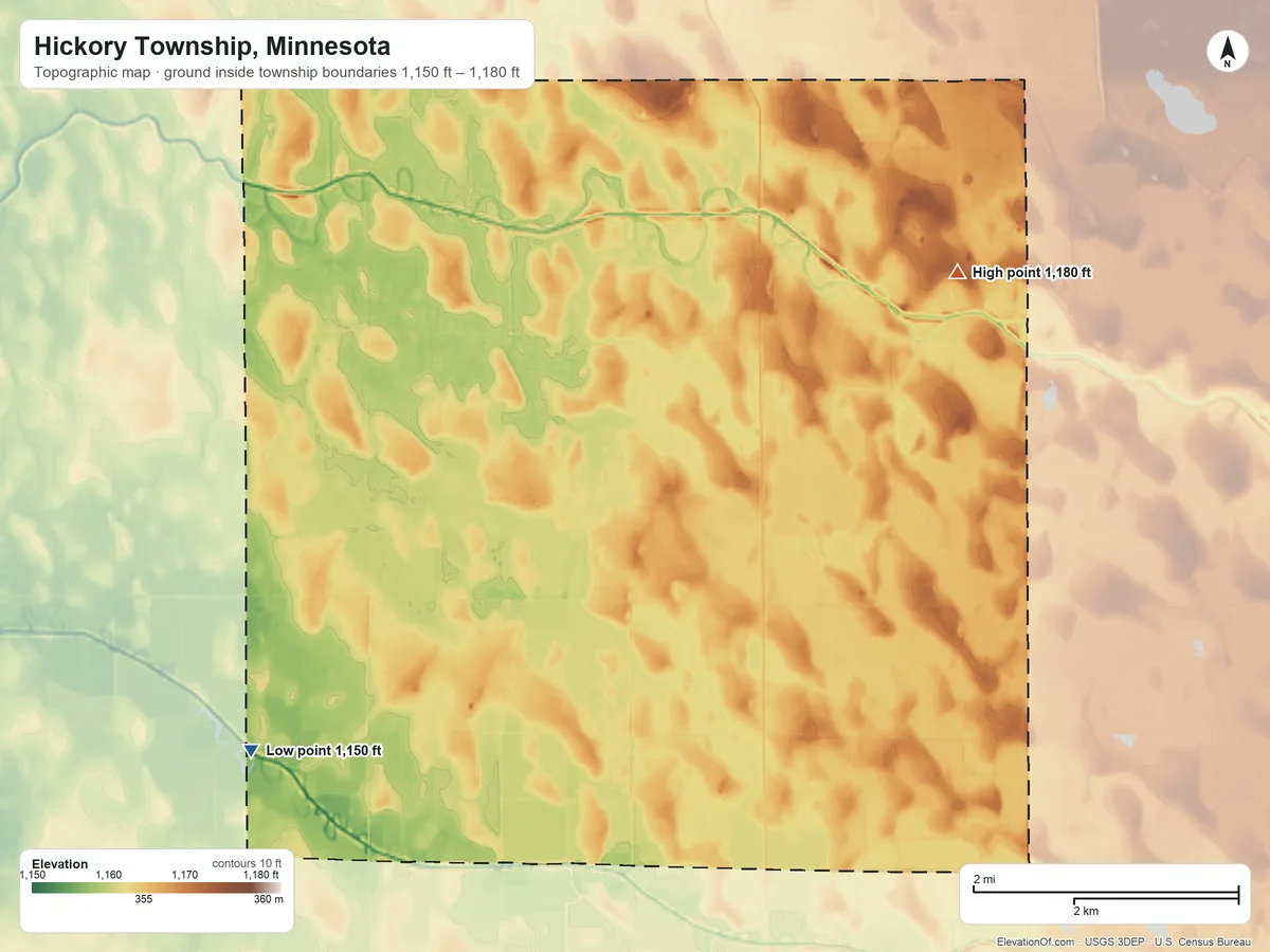 Topographic elevation map of Hickory Township, Minnesota, shaded from 1,150 ft on the southwest side to 1,180 ft on the northeast side