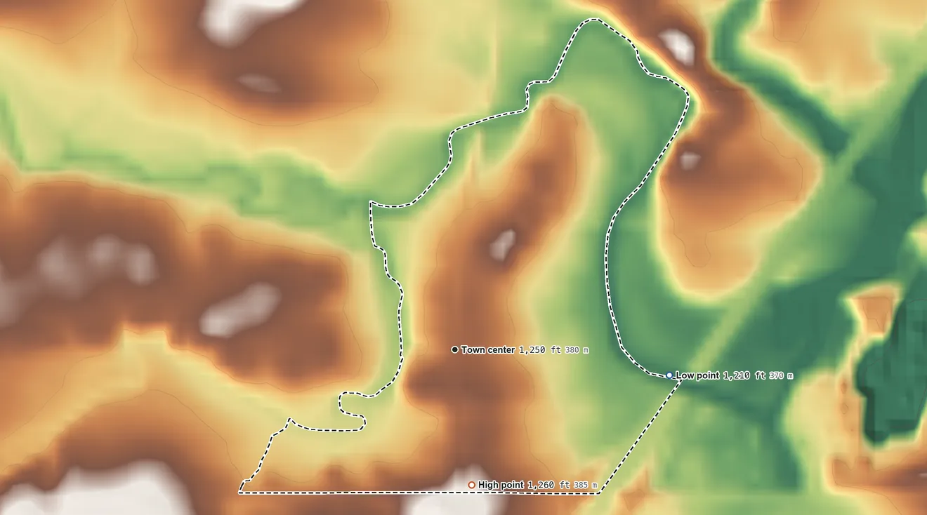 Topographic elevation map of High Forest, Minnesota, shaded from 1,210 ft on the east side to 1,260 ft on the south side