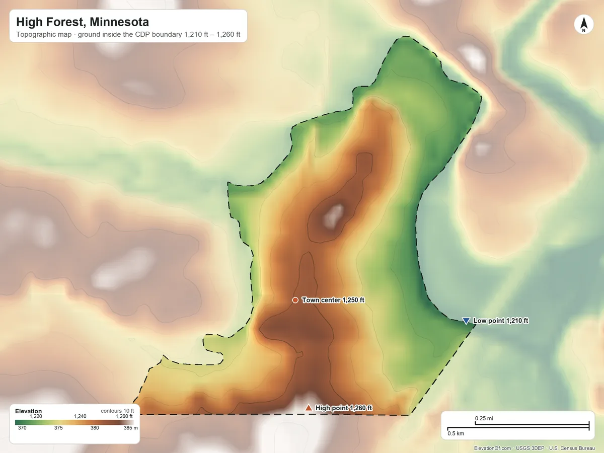 Topographic elevation map of High Forest, Minnesota, shaded from 1,210 ft on the east side to 1,260 ft on the south side