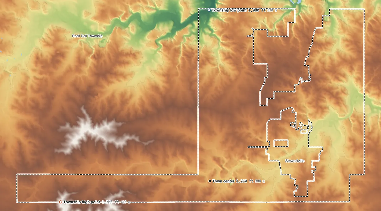 Topographic elevation map of High Forest Township, Minnesota, shaded from 1,080 ft on the north side to 1,360 ft on the west side