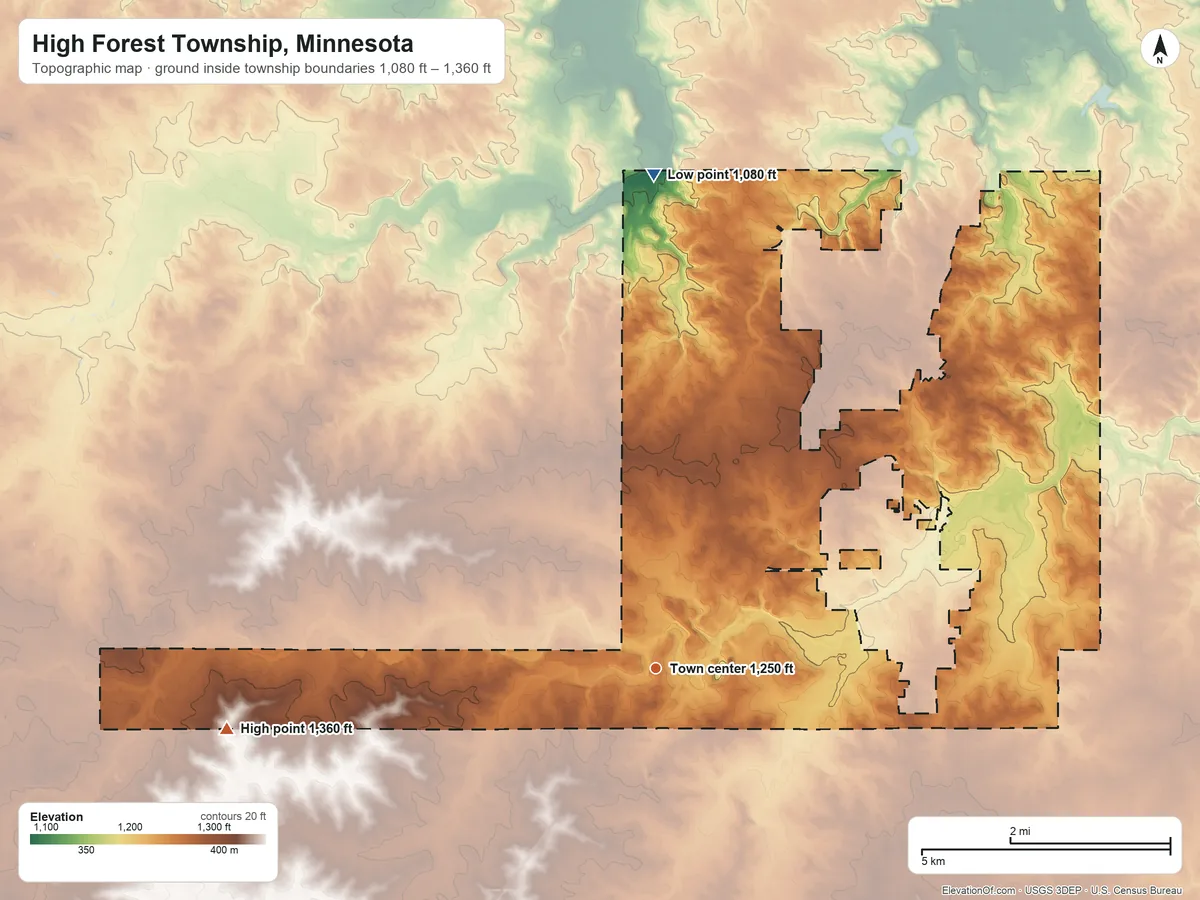 Topographic elevation map of High Forest Township, Minnesota, shaded from 1,080 ft on the north side to 1,360 ft on the west side
