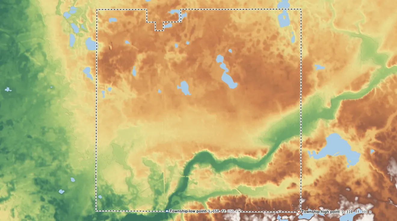 Topographic elevation map of Highland Grove Township, Minnesota, shaded from 1,150 ft on the south side to 1,310 ft on the southeast side