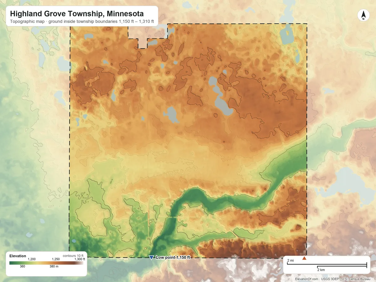 Topographic elevation map of Highland Grove Township, Minnesota, shaded from 1,150 ft on the south side to 1,310 ft on the southeast side