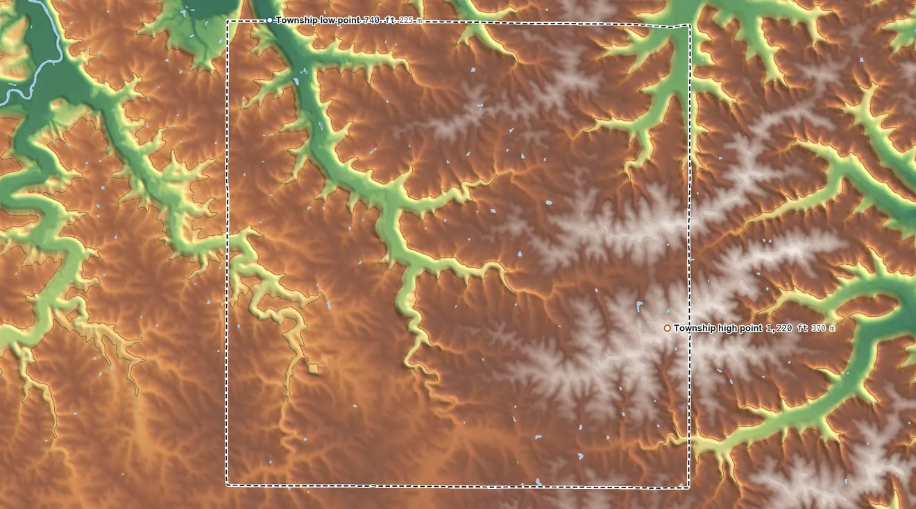 Topographic elevation map of Highland Township, Minnesota, shaded from 740 ft on the northwest side to 1,220 ft on the southeast side