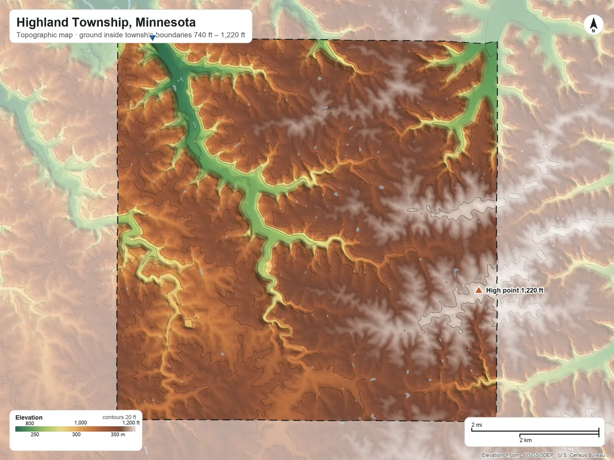 Topographic elevation map of Highland Township, Minnesota, shaded from 740 ft on the northwest side to 1,220 ft on the southeast side