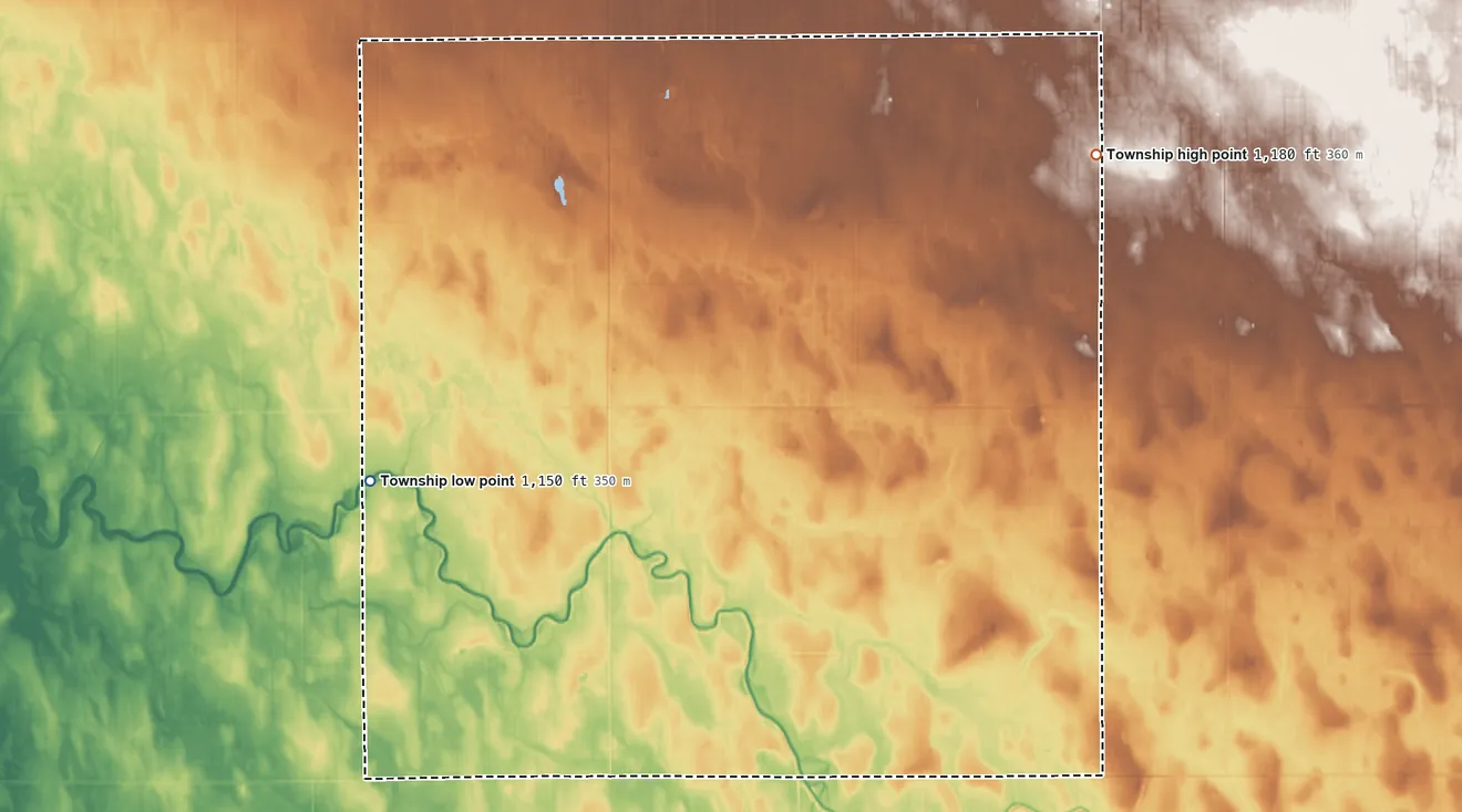 Topographic elevation map of Highlanding Township, Minnesota, shaded from 1,150 ft on the southwest side to 1,180 ft on the northeast side