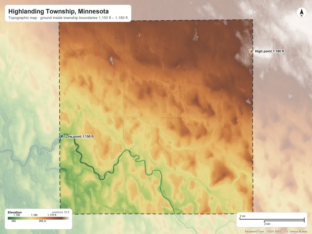 Topographic elevation map of Highlanding Township, Minnesota, shaded from 1,150 ft on the southwest side to 1,180 ft on the northeast side