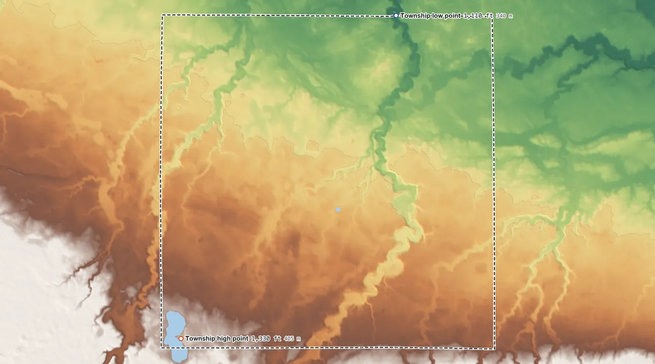 Topographic elevation map of Highwater Township, Minnesota, shaded from 1,110 ft on the north side to 1,330 ft on the southwest side