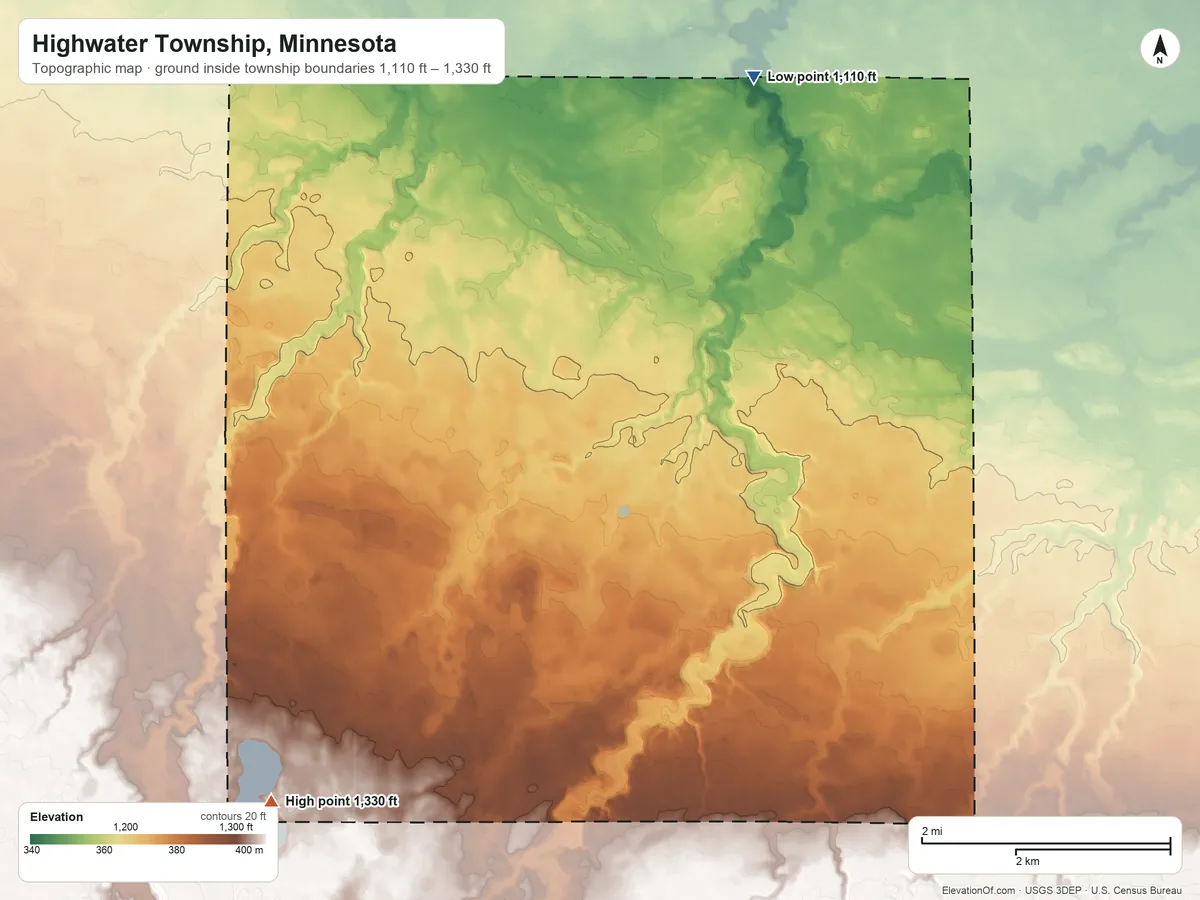 Topographic elevation map of Highwater Township, Minnesota, shaded from 1,110 ft on the north side to 1,330 ft on the southwest side