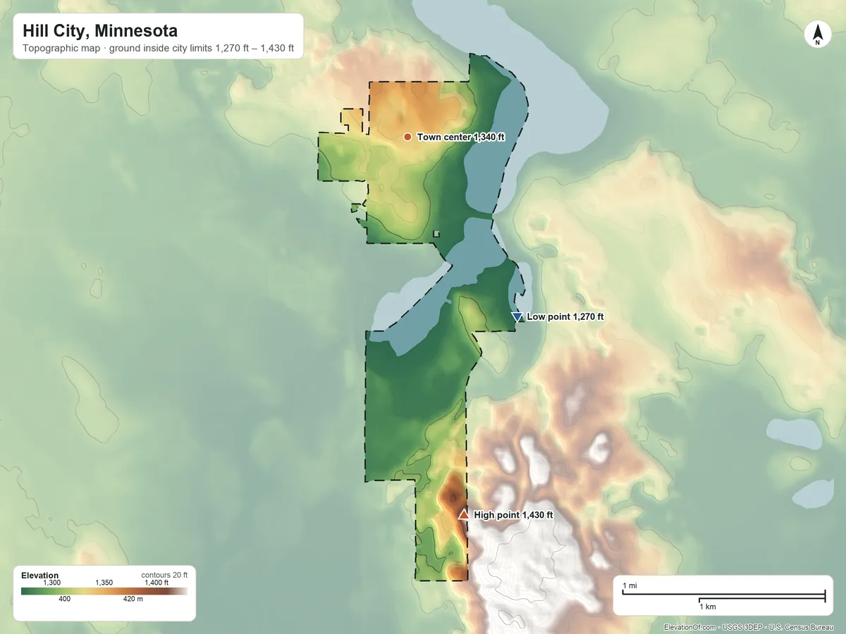 Topographic elevation map of Hill City, Minnesota, shaded from 1,270 ft on the southeast side to 1,430 ft on the south side