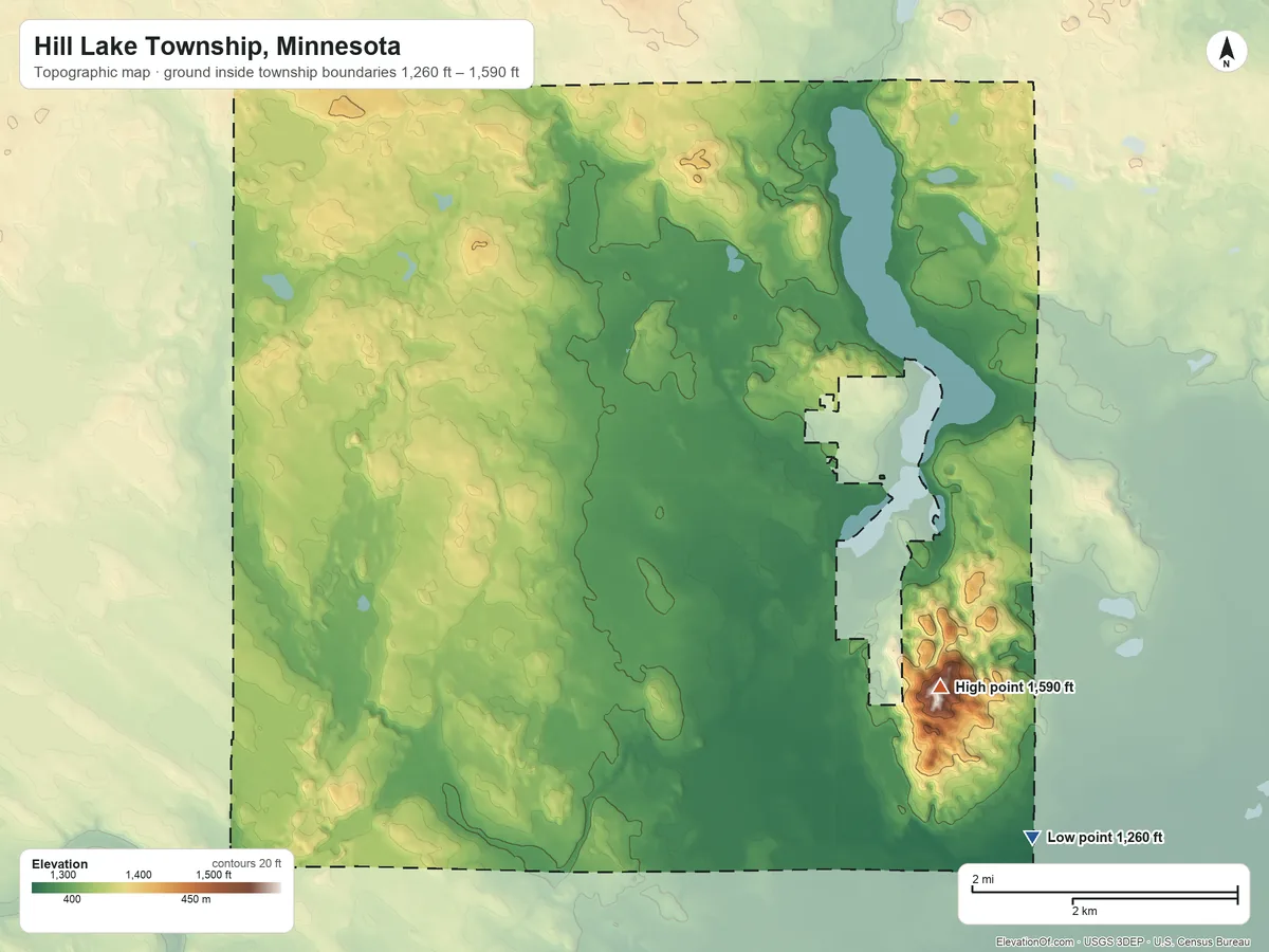 Topographic elevation map of Hill Lake Township, Minnesota, shaded from 1,260 ft on the southeast side to 1,590 ft on Quadna Mountain