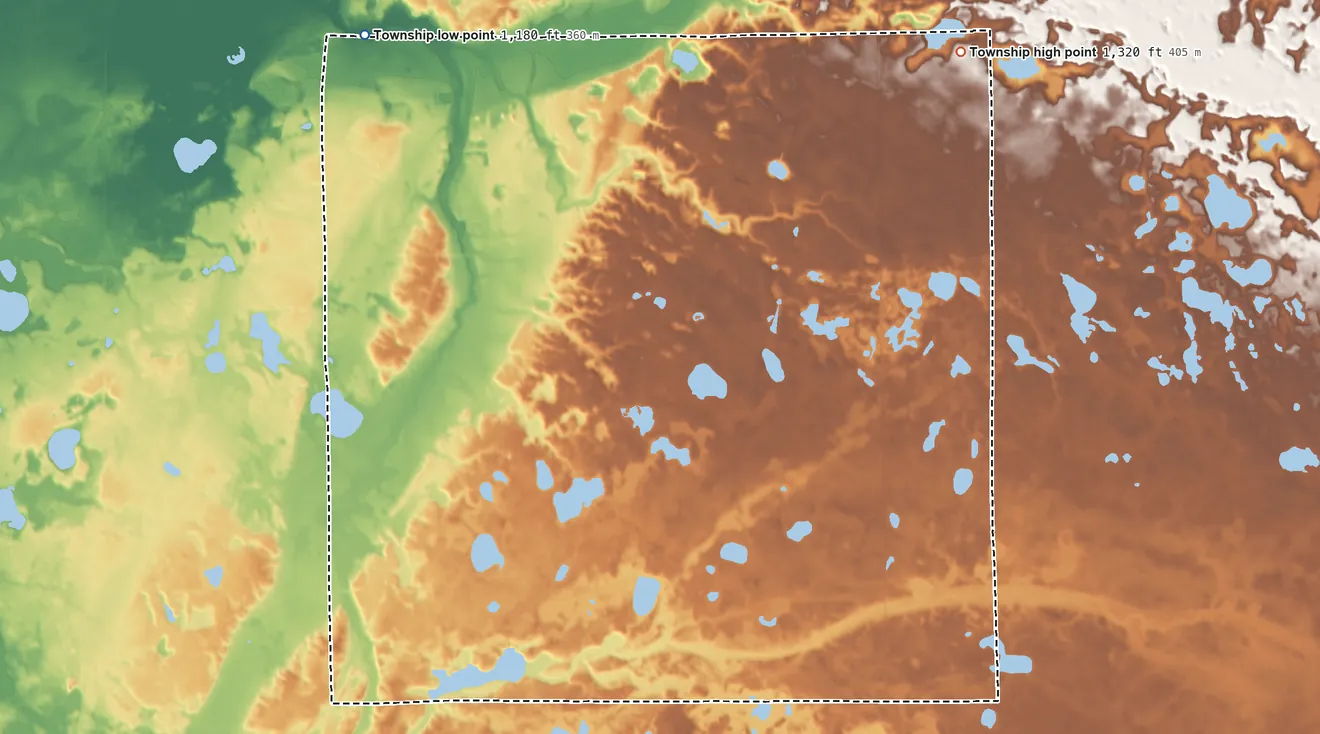Topographic elevation map of Hill River Township, Minnesota, shaded from 1,180 ft on the northwest side to 1,320 ft on the northeast side