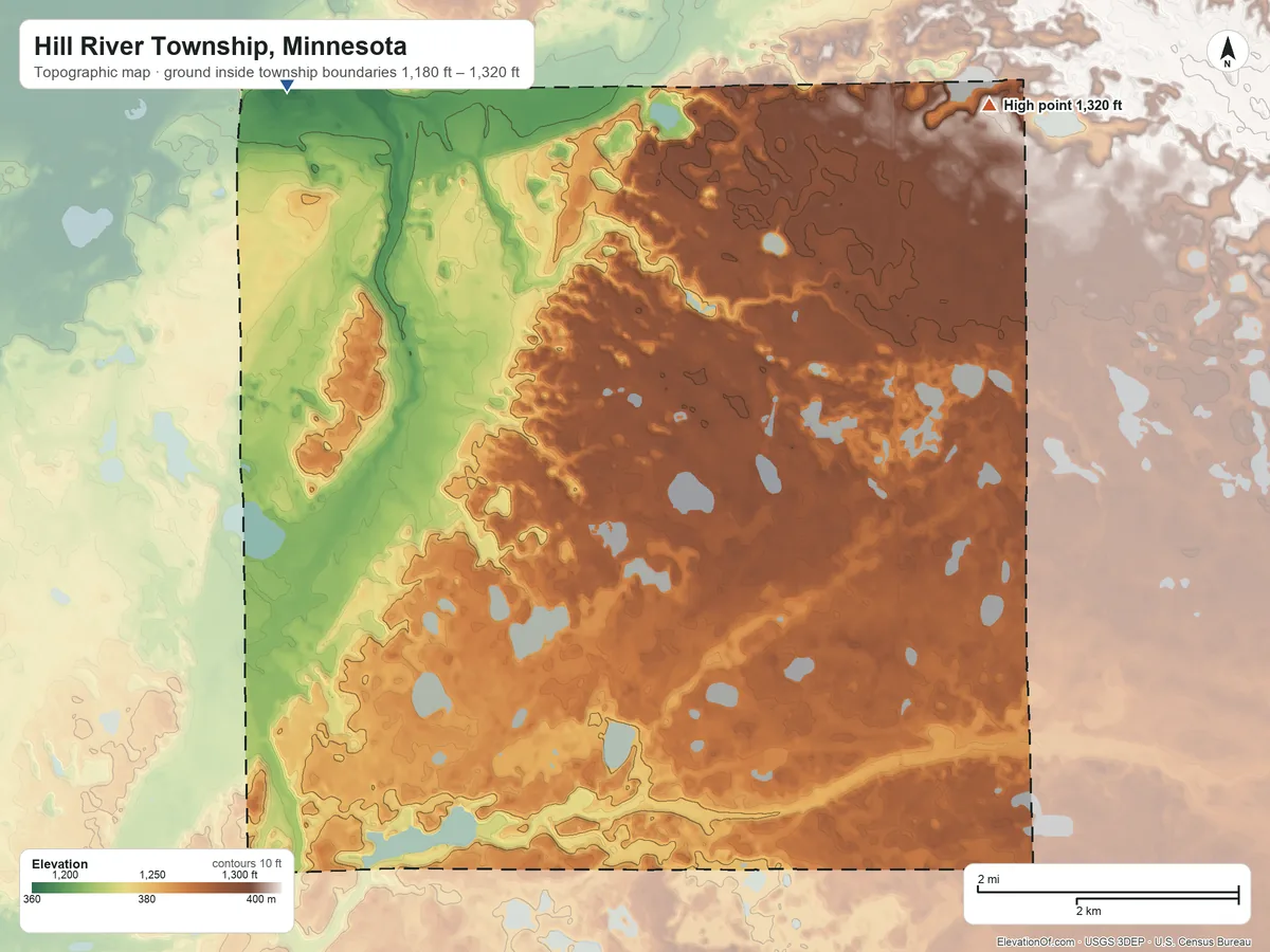 Topographic elevation map of Hill River Township, Minnesota, shaded from 1,180 ft on the northwest side to 1,320 ft on the northeast side