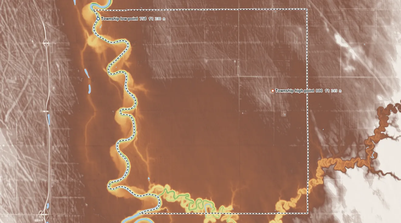 Topographic elevation map of Hill Township, Minnesota, shaded from 750 ft on the northwest side to 800 ft near the middle