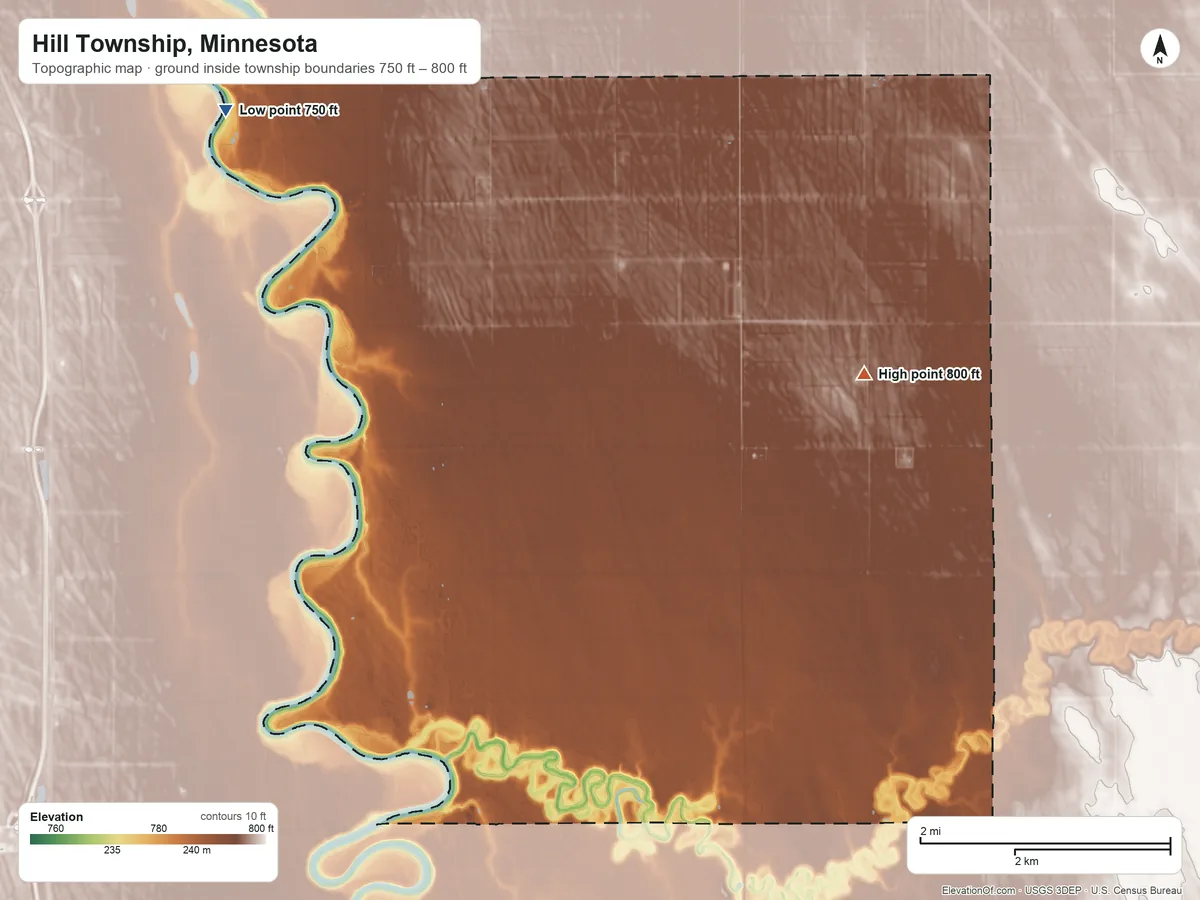 Topographic elevation map of Hill Township, Minnesota, shaded from 750 ft on the northwest side to 800 ft near the middle