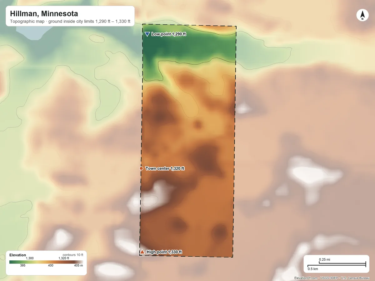 Topographic elevation map of Hillman, Minnesota, shaded from 1,290 ft on the north side to 1,330 ft on the south side