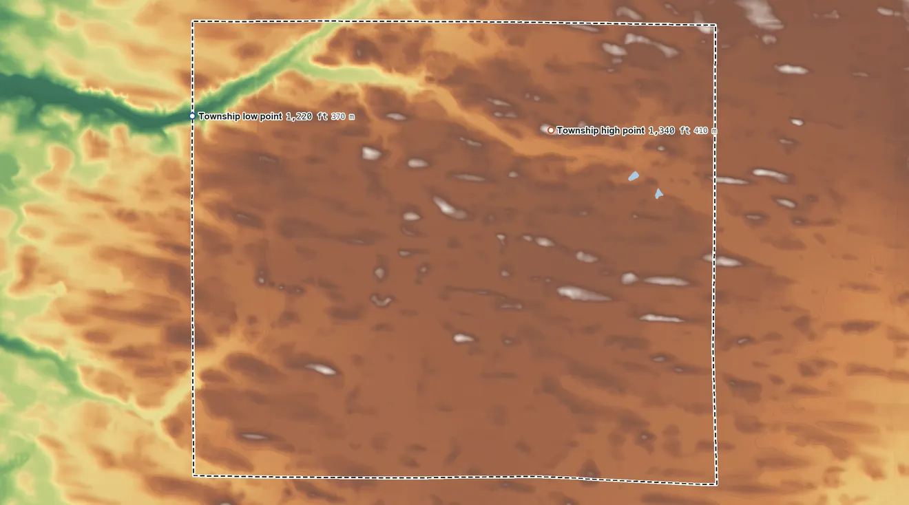 Topographic elevation map of Hillman Township, Morrison County, Minnesota, shaded from 1,220 ft on the west side to 1,340 ft on the east side