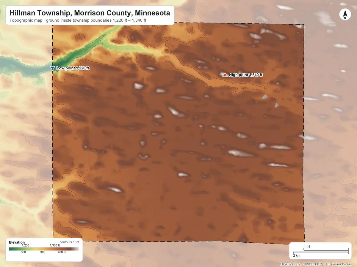 Topographic elevation map of Hillman Township, Morrison County, Minnesota, shaded from 1,220 ft on the west side to 1,340 ft on the east side