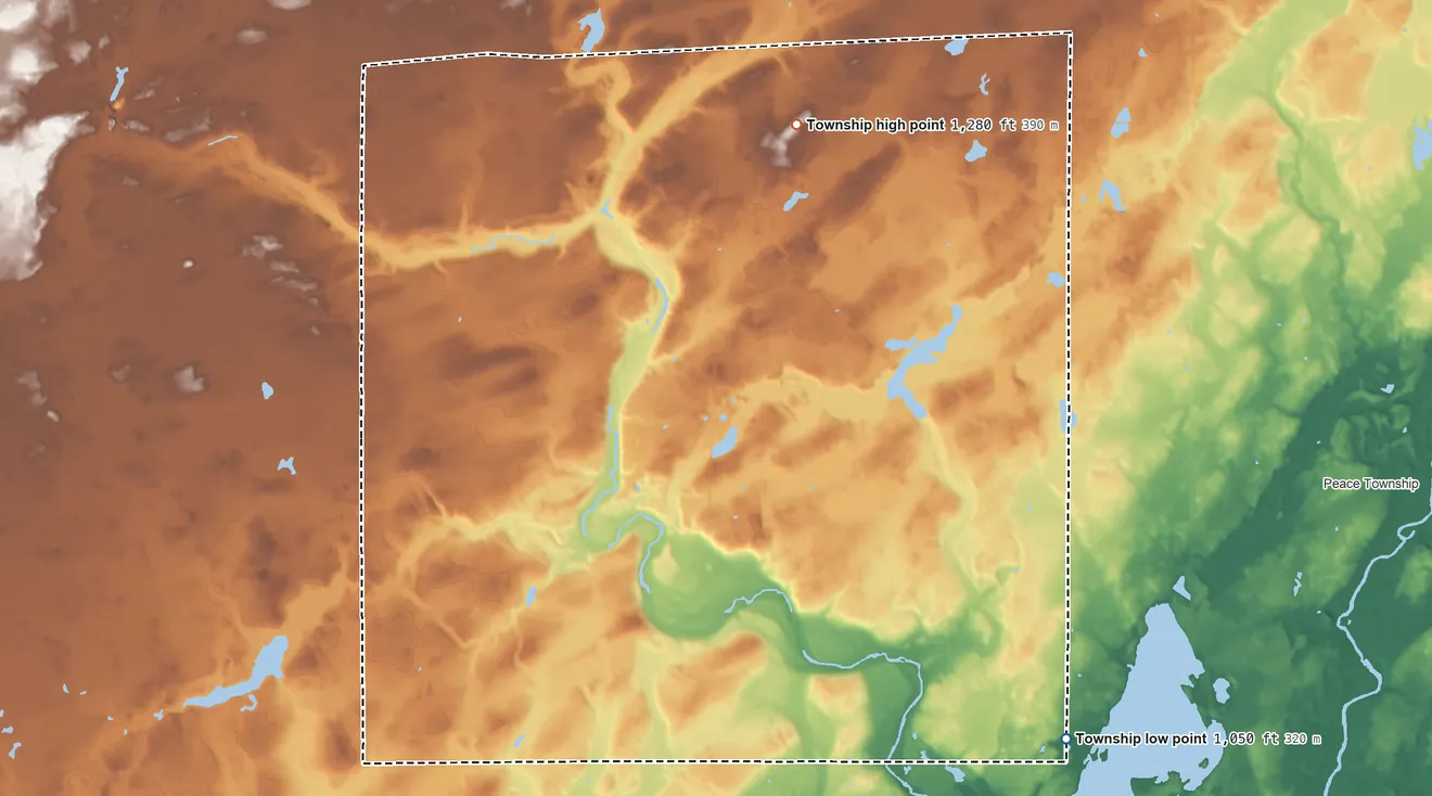 Topographic elevation map of Hillman Township, Minnesota, shaded from 1,050 ft on the southeast side to 1,280 ft on the north side