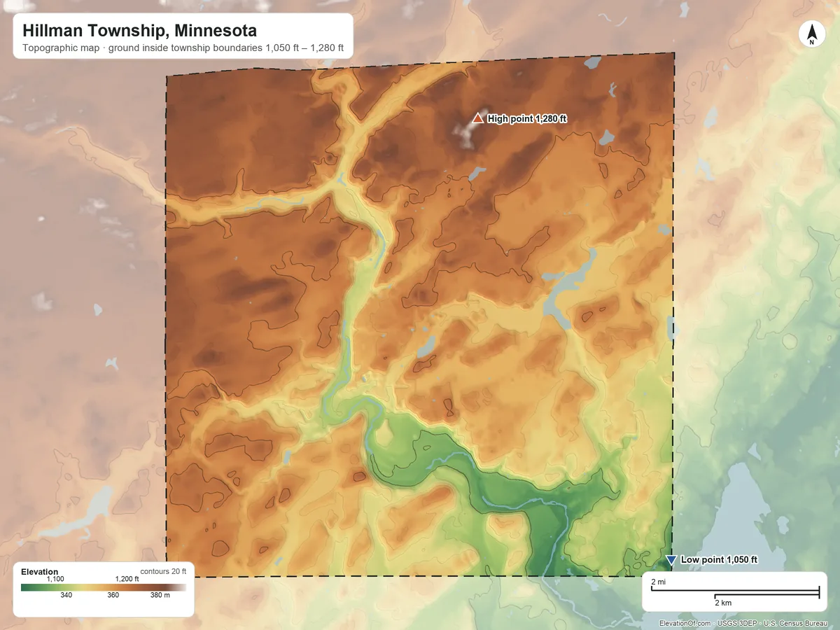 Topographic elevation map of Hillman Township, Minnesota, shaded from 1,050 ft on the southeast side to 1,280 ft on the north side