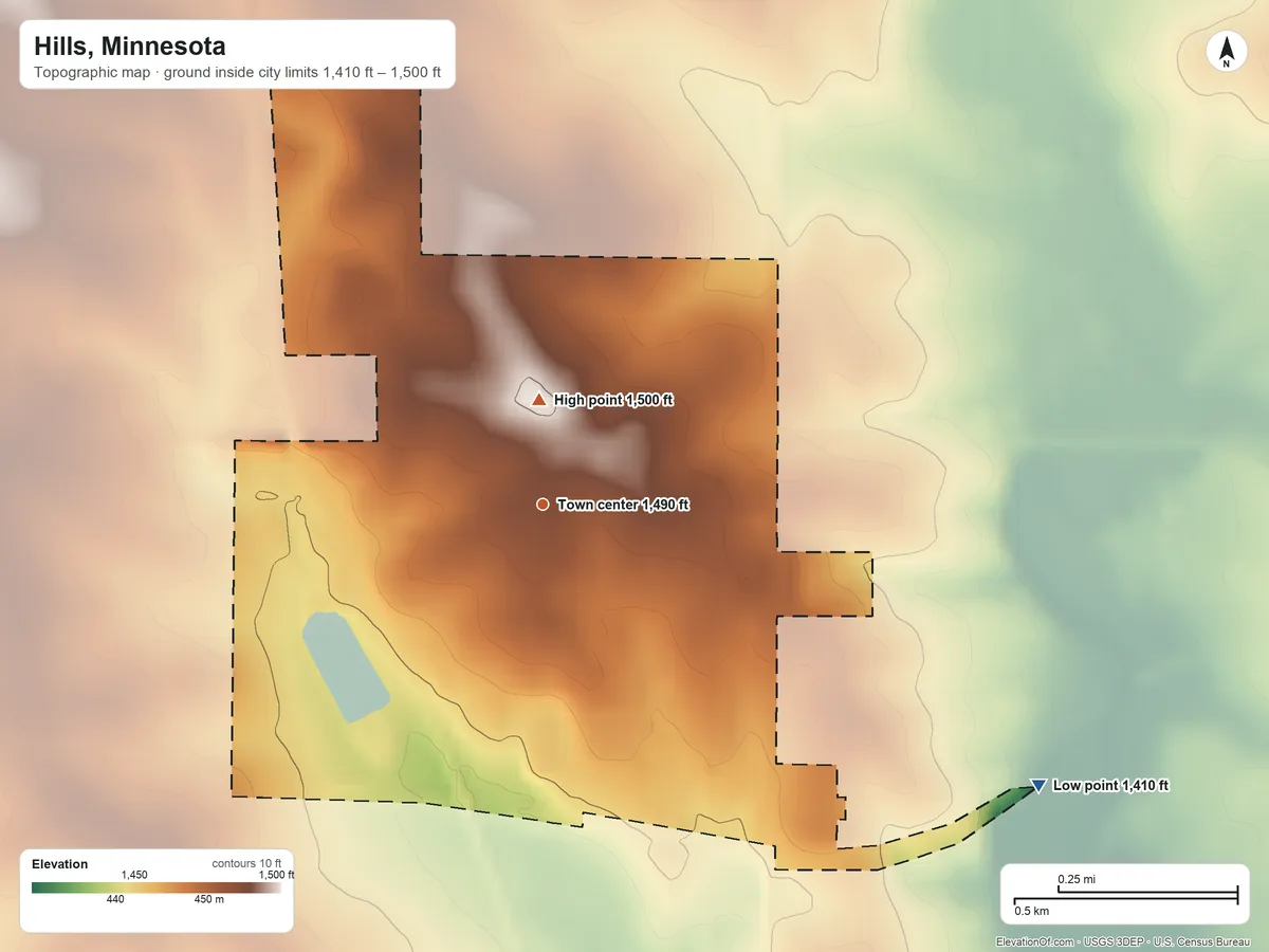 Topographic elevation map of Hills, Minnesota, shaded from 1,410 ft on the southeast side to 1,500 ft near the middle
