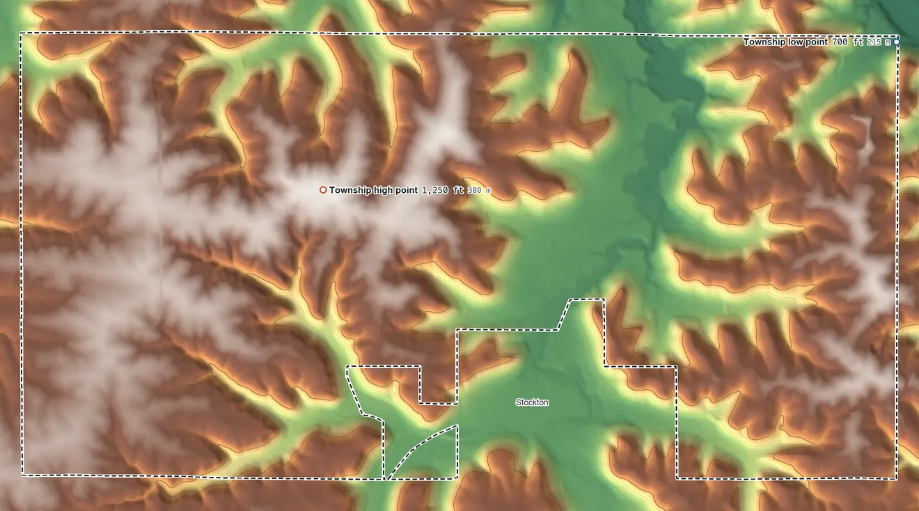 Topographic elevation map of Hillsdale Township, Minnesota, shaded from 700 ft on the northeast side to 1,250 ft on the west side