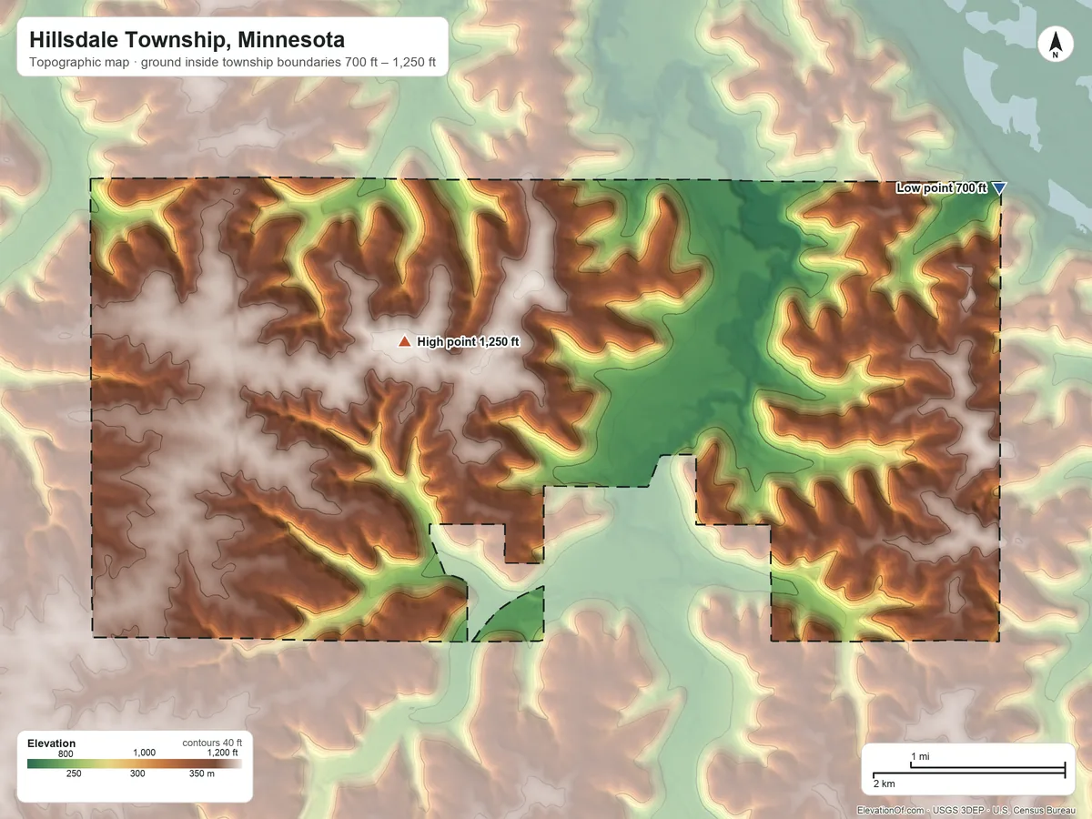 Topographic elevation map of Hillsdale Township, Minnesota, shaded from 700 ft on the northeast side to 1,250 ft on the west side