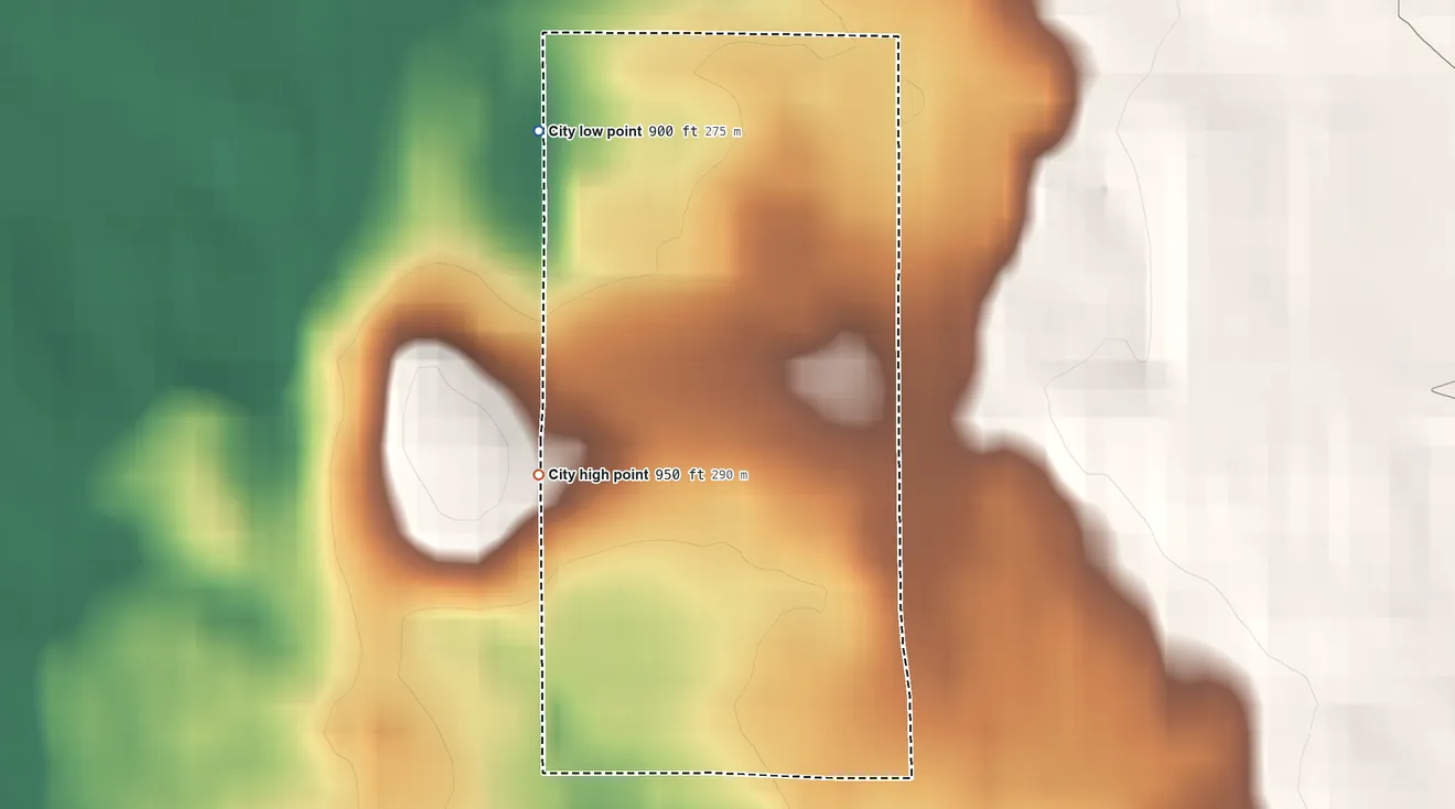 Topographic elevation map of Hilltop, Minnesota, shaded from 900 ft on the northwest side to 950 ft on the west side
