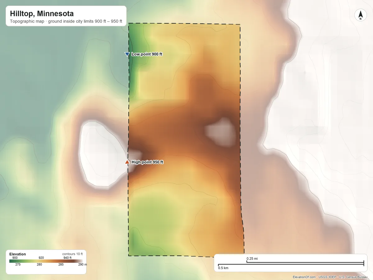Topographic elevation map of Hilltop, Minnesota, shaded from 900 ft on the northwest side to 950 ft on the west side