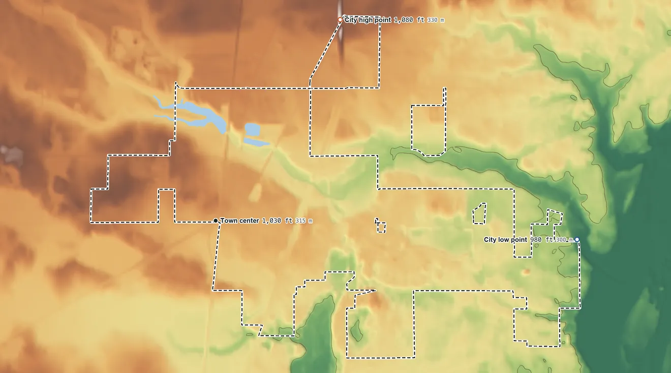 Topographic elevation map of Hinckley, Minnesota, shaded from 980 ft on the east side to 1,080 ft on the northeast side