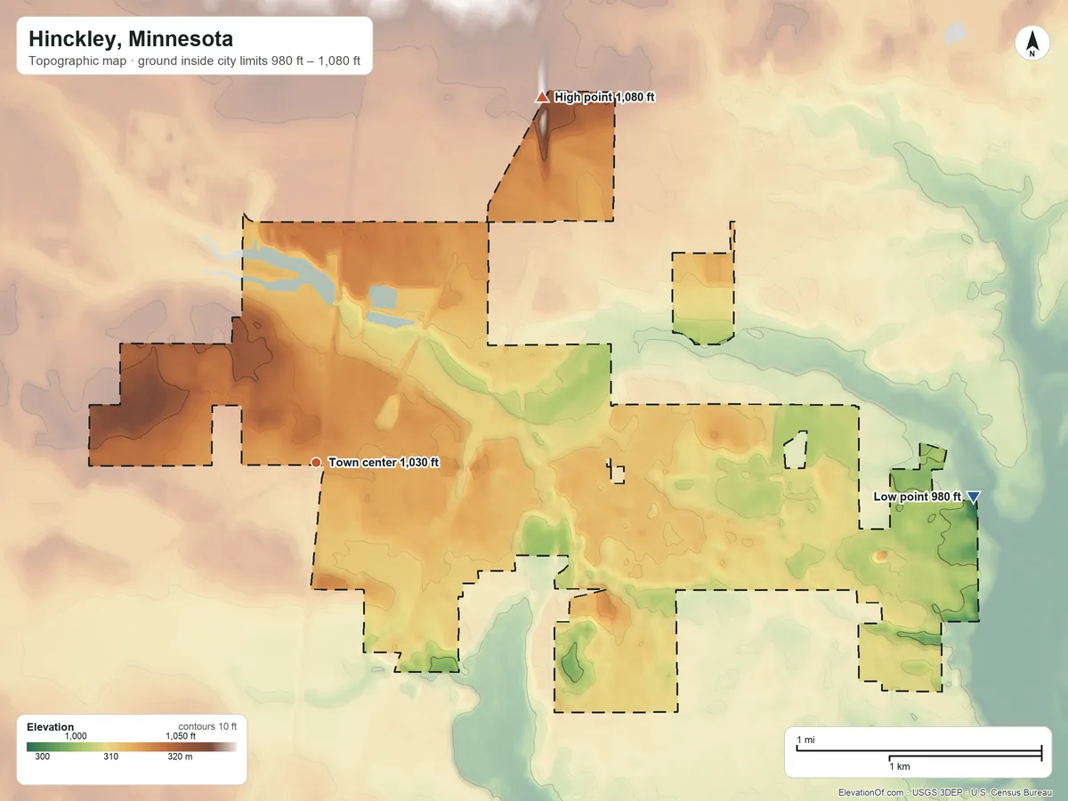 Topographic elevation map of Hinckley, Minnesota, shaded from 980 ft on the east side to 1,080 ft on the northeast side