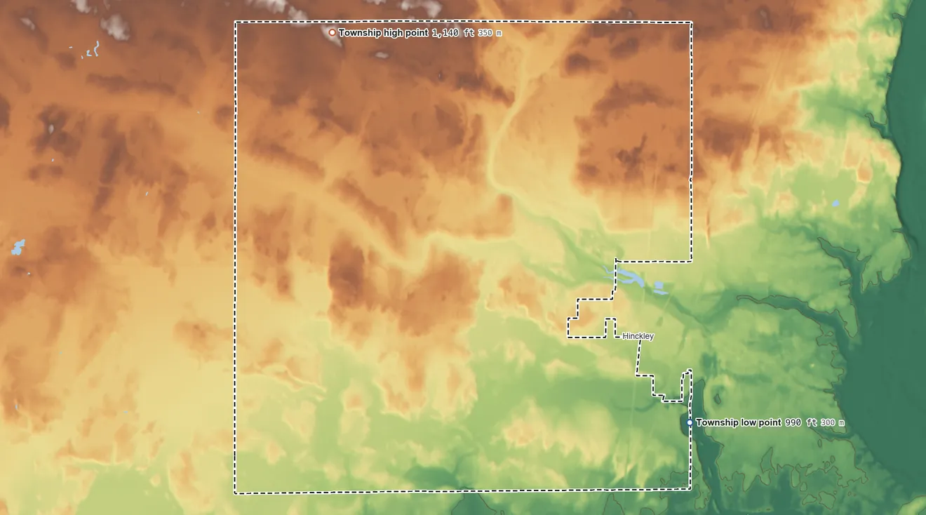 Topographic elevation map of Hinckley Township, Minnesota, shaded from 990 ft on the southeast side to 1,140 ft on the northwest side