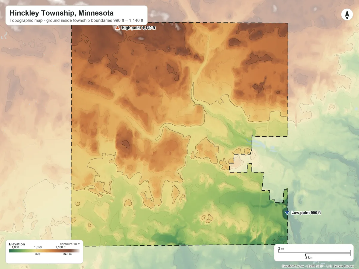 Topographic elevation map of Hinckley Township, Minnesota, shaded from 990 ft on the southeast side to 1,140 ft on the northwest side