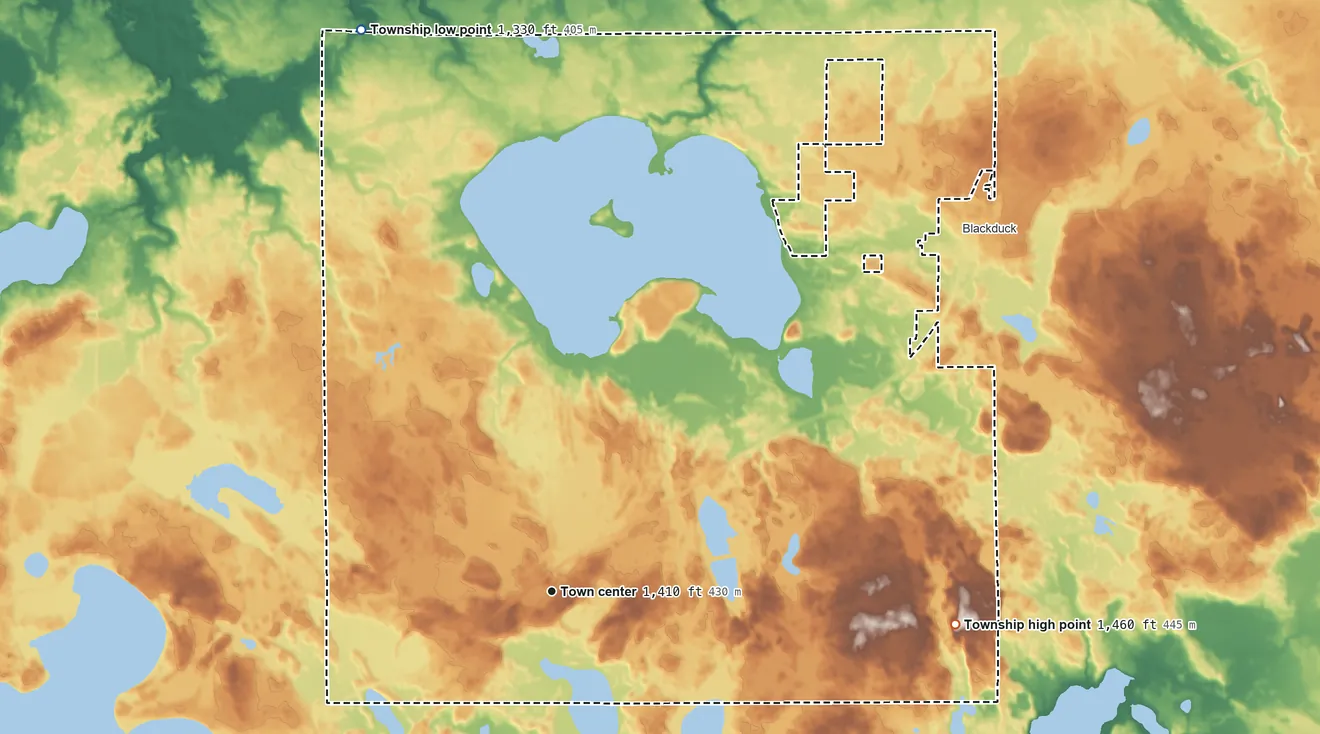 Topographic elevation map of Hines Township, Minnesota, shaded from 1,330 ft on the north side to 1,460 ft on the east side