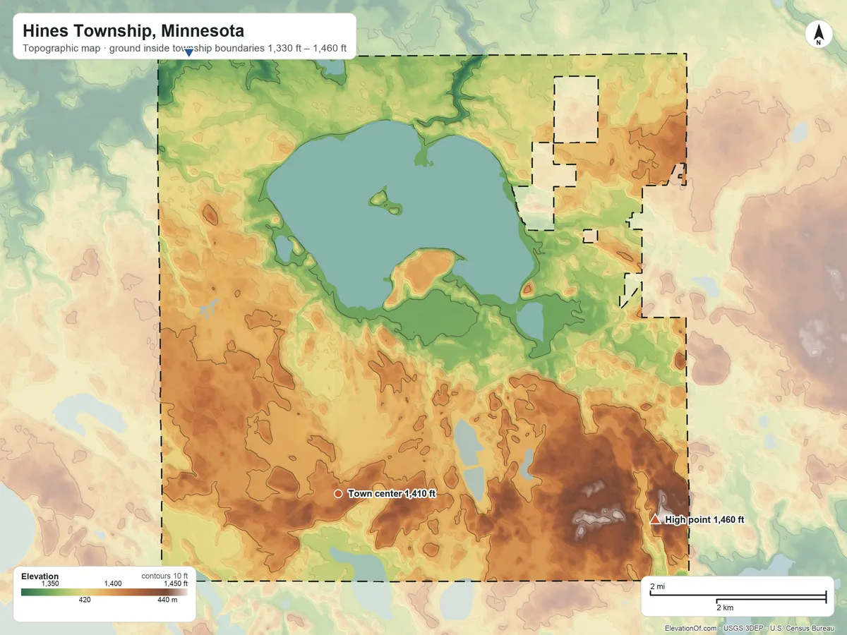 Topographic elevation map of Hines Township, Minnesota, shaded from 1,330 ft on the north side to 1,460 ft on the east side
