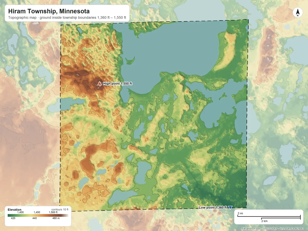 Topographic elevation map of Hiram Township, Minnesota, shaded from 1,360 ft on the southeast side to 1,550 ft on the west side