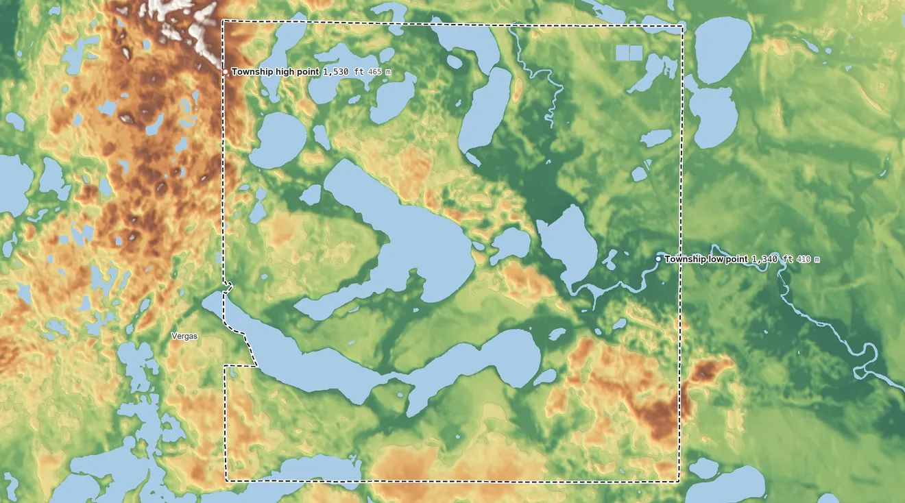 Topographic elevation map of Hobart Township, Minnesota, shaded from 1,340 ft on the east side to 1,530 ft on the northwest side