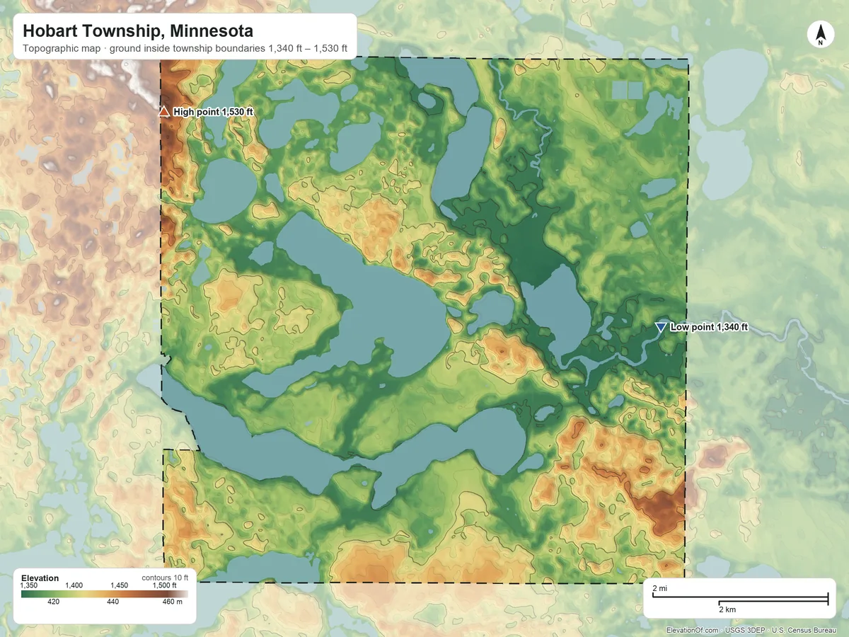Topographic elevation map of Hobart Township, Minnesota, shaded from 1,340 ft on the east side to 1,530 ft on the northwest side