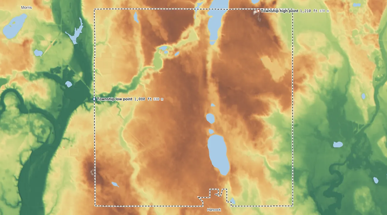Topographic elevation map of Hodges Township, Minnesota, shaded from 1,080 ft on the northwest side to 1,210 ft on the northeast side