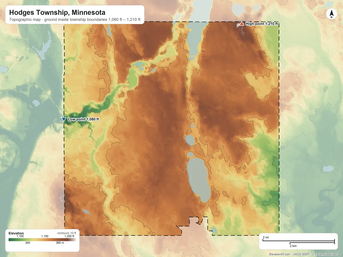 Topographic elevation map of Hodges Township, Minnesota, shaded from 1,080 ft on the northwest side to 1,210 ft on the northeast side