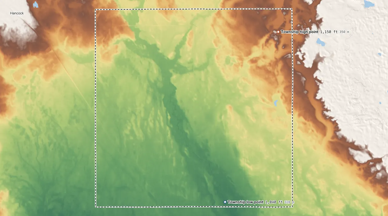 Topographic elevation map of Hoff Township, Minnesota, shaded from 1,040 ft on the southeast side to 1,150 ft on the northeast side