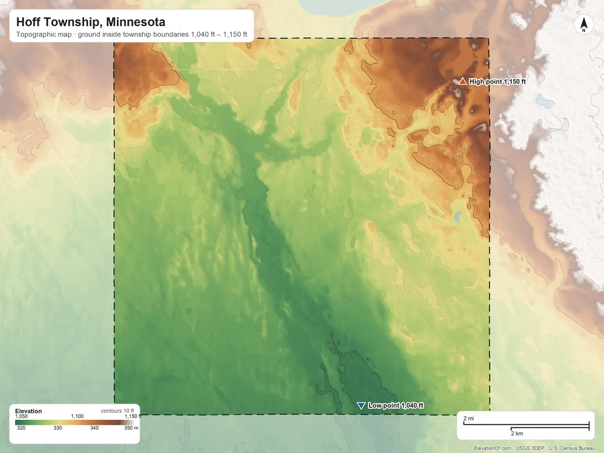 Topographic elevation map of Hoff Township, Minnesota, shaded from 1,040 ft on the southeast side to 1,150 ft on the northeast side