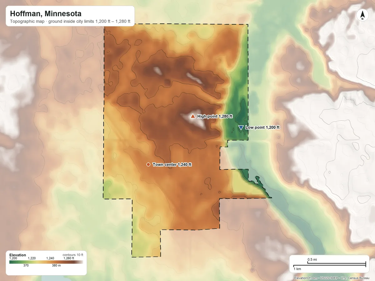Topographic elevation map of Hoffman, Minnesota, shaded from 1,200 ft on the east side to 1,280 ft on the northeast side
