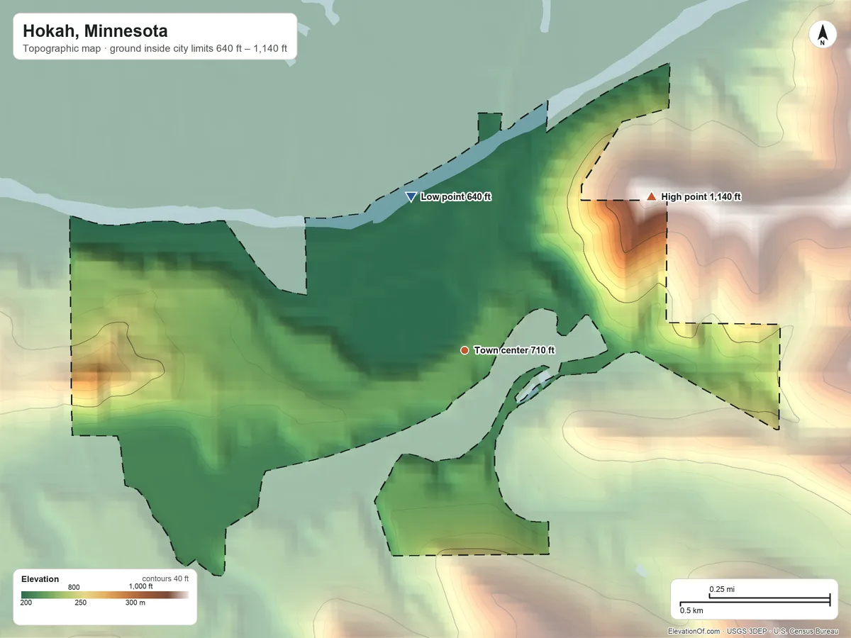 Topographic elevation map of Hokah, Minnesota, shaded from 640 ft on the north side to 1,140 ft on the northeast side