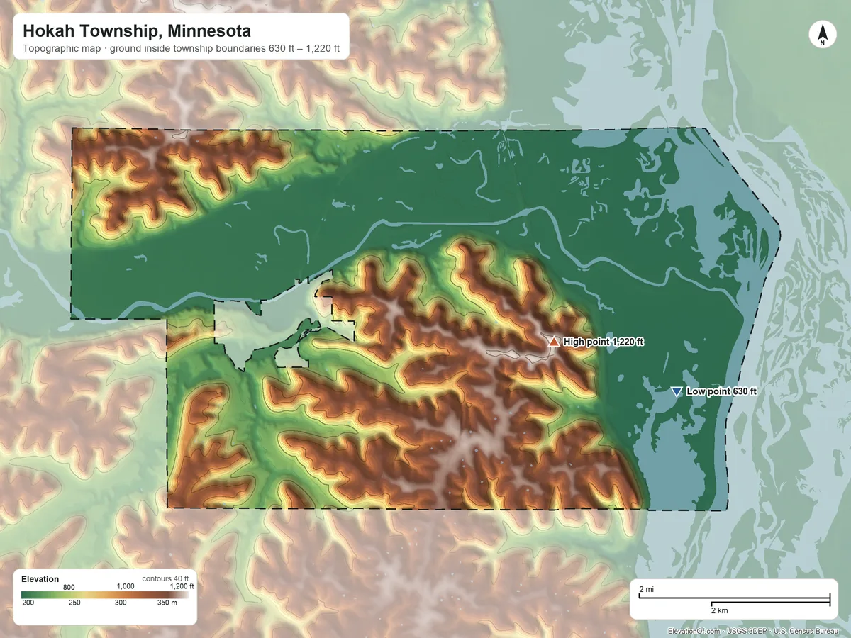 Topographic elevation map of Hokah Township, Minnesota, shaded from 630 ft on the east side to 1,220 ft on the northeast side