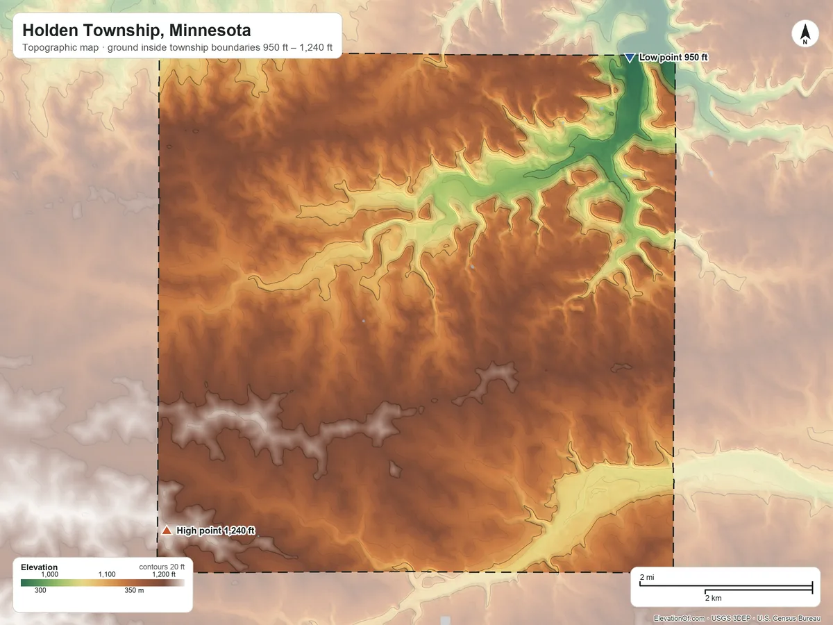 Topographic elevation map of Holden Township, Minnesota, shaded from 950 ft on the northeast side to 1,240 ft on the southwest side