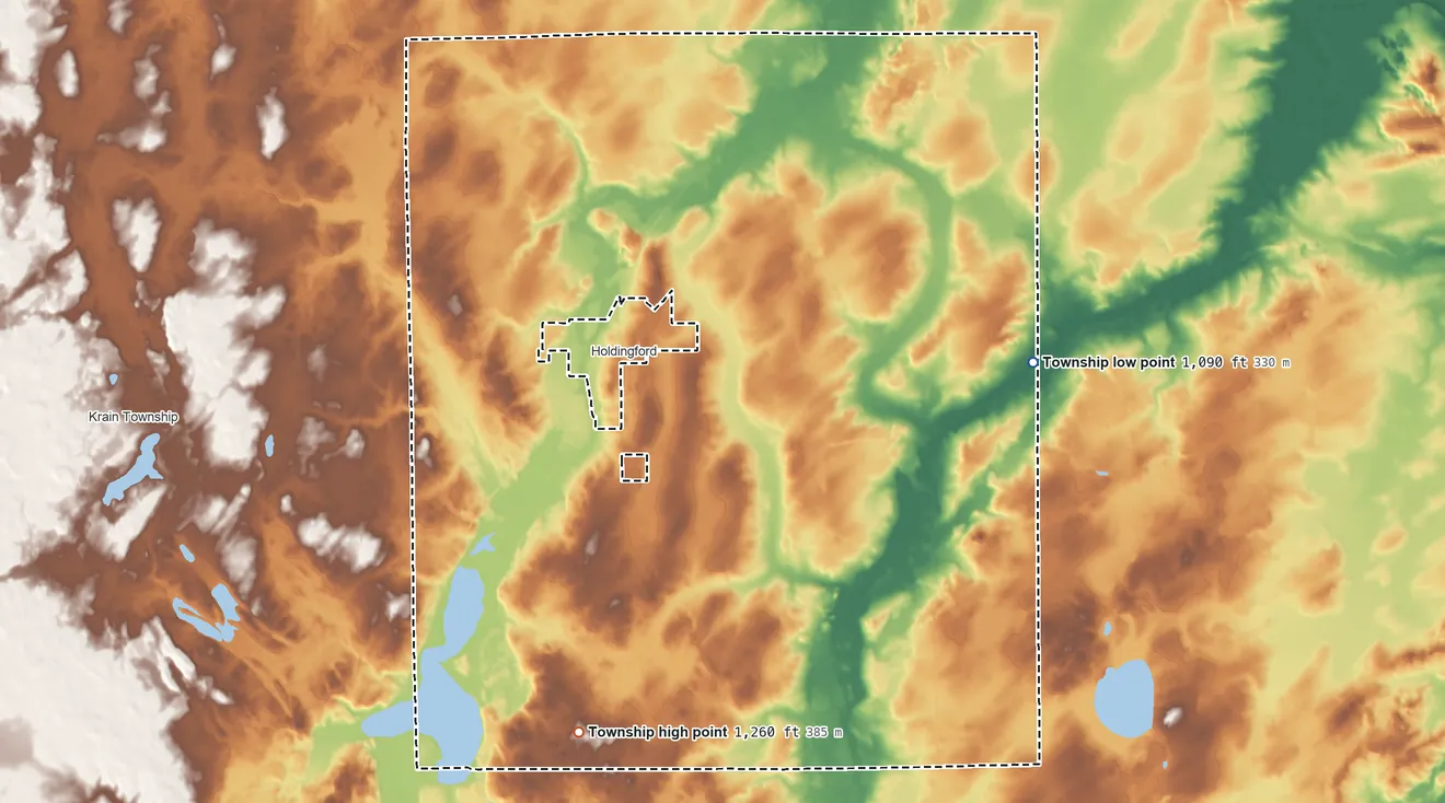 Topographic elevation map of Holding Township, Minnesota, shaded from 1,090 ft on the east side to 1,260 ft on the southwest side